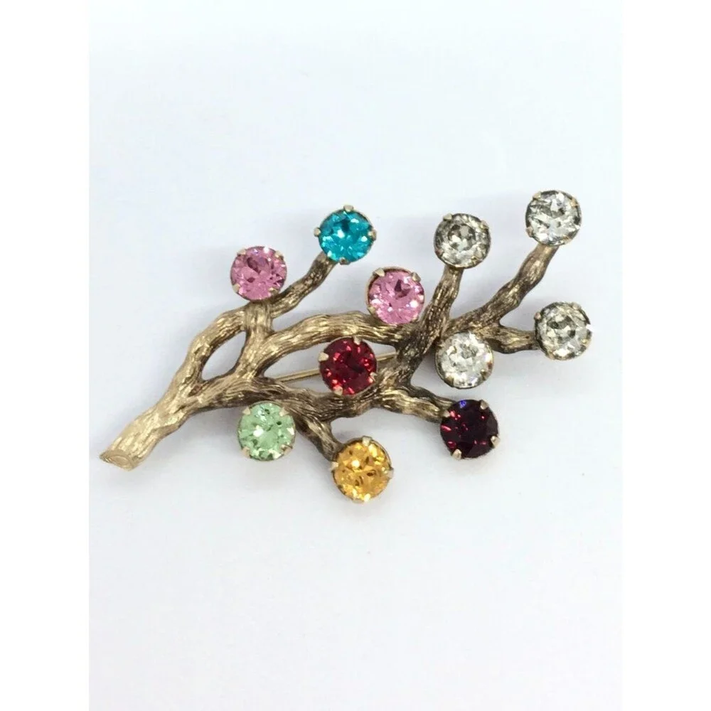 Vintage VAN DELL Brooch 12k Gold Filled Branch Multicolor Rhinestone UV Glow